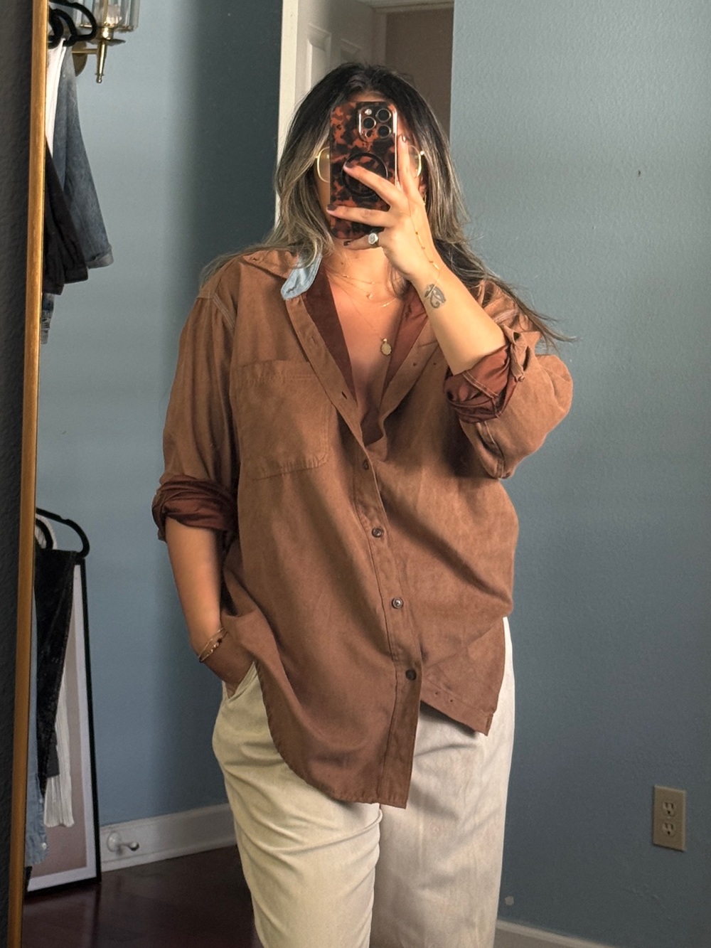 Chestnut Brown Suede-Like Button Down